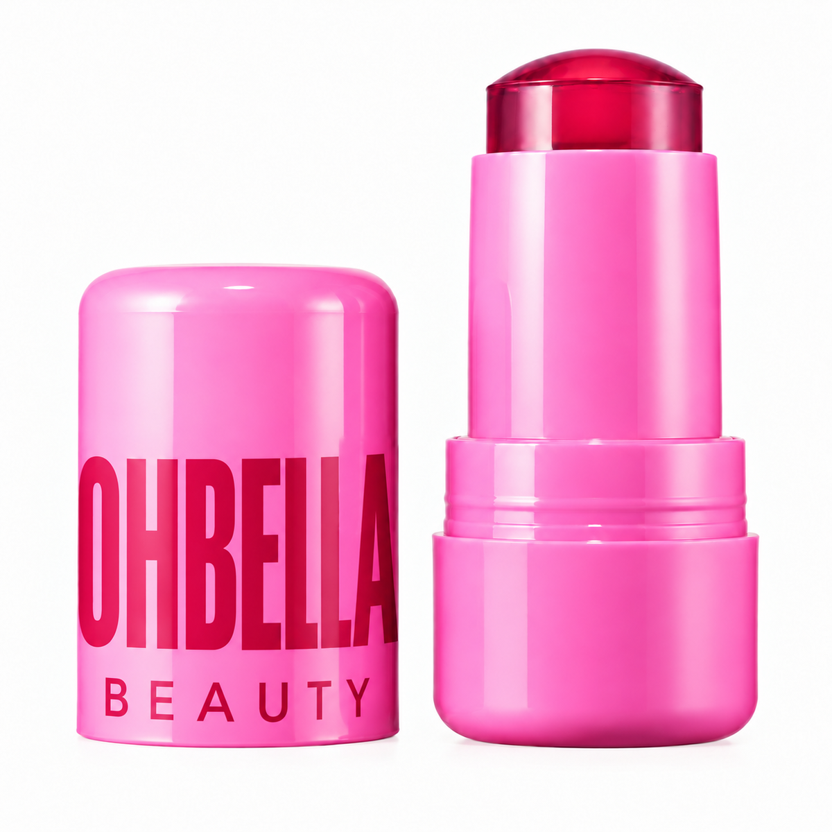 Ohbella Beauty Jelly Tint. Burst rosa vivo: stick abierto y tapa.