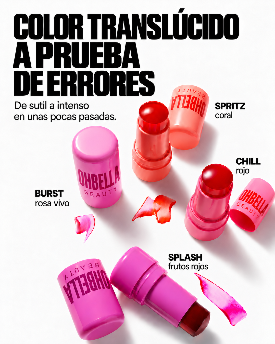 Ohbella Beauty Jelly Tint. Los cuatro tonos: Spritz, Chill, Burst y Splash.