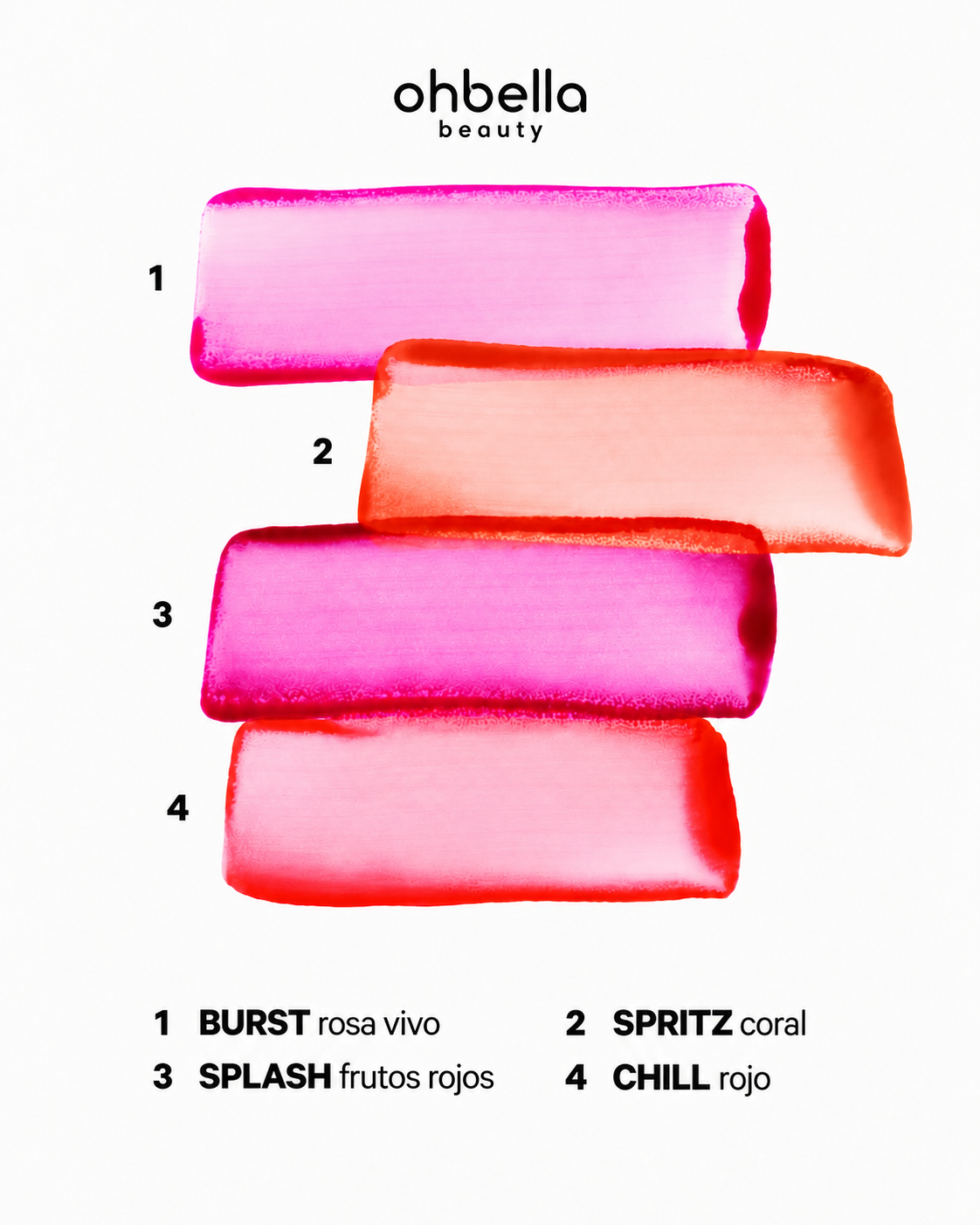 Ohbella Beauty Jelly Tint. Muestras de los cuatro colores.