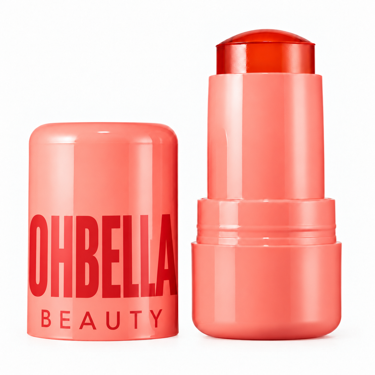 Ohbella Beauty Jelly Tint Spritz coral: stick abierto y tapa.